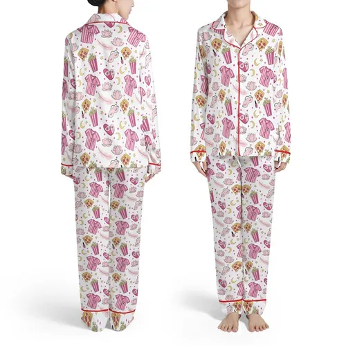 Teen Tween Pink Slumber Party Sleep Set: Playful Pizza, Pajama, Popcorn & Star Pattern Satin Pajamas Set