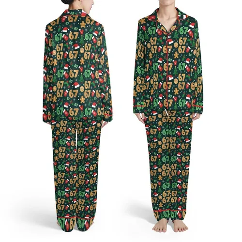 Forest Green '67' Gold Gingerbread Green Numbers Christmas Santa Hats Candy Cane Pattern Satin Pajamas Set