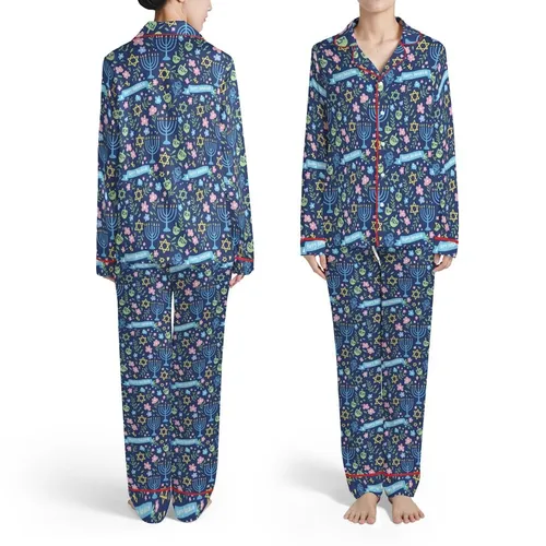 Hanukkah Indigo Blue Menorah Gold Star Dreidel Floral Pattern Happy Hanukkah Text Satin Pajamas Set
