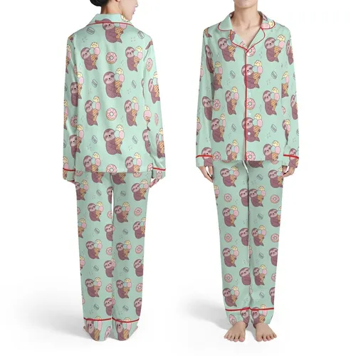 Sloth Ice Cream Donut Pattern: Plum Sloths, Mint Green Background, Pastel Macarons Satin Pajamas Set
