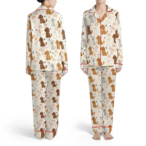 Dog Parent Poodle Mix Cream Tan Gray Dogs Bone Paw Heart Rainbow Design Satin Pajamas Set