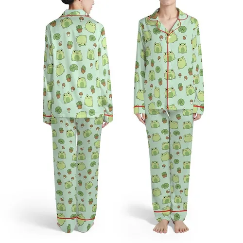 Frog & Succulent Enthusiast Pale Mint Green Cartoon Frog Cactus Lily Pad All-Over Pattern Satin Pajamas Set