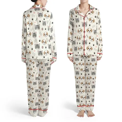 Pet Lover Shih Tzu Puppy, Grey Tabby Kitten Faces, Black Paw, White Bones, Pink Yarn Satin Pajamas Set