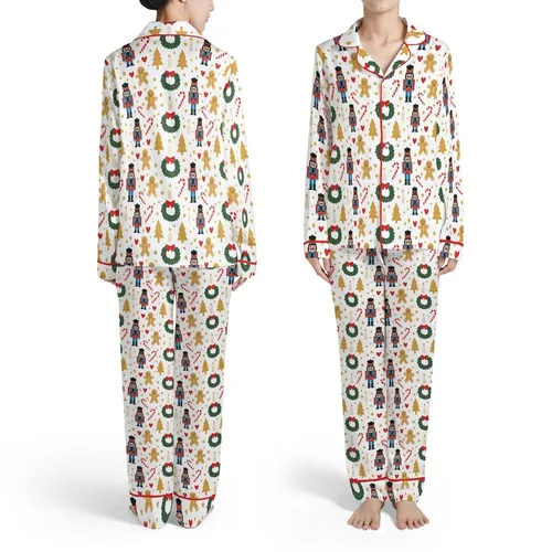 Nutcracker Gingerbread Wreath Christmas Repeating Pattern: Candy Cane Candle Golden Tree Satin Pajamas Set