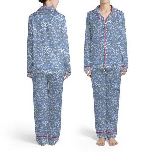 Monogram B Heart D Laurel Wreath Calligraphic Script Floral Seamless Dusty Blue White Satin Pajamas Set