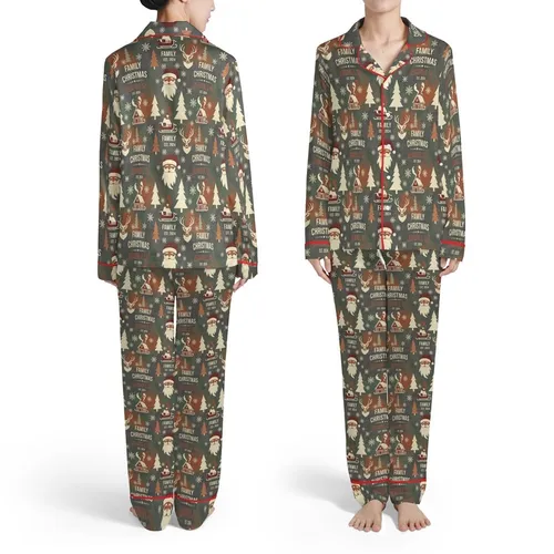 Christmas Santa Deer Cabin Sleigh Pine Snowflakes Nashville TN EST 2024 Text Pattern Satin Pajamas Set