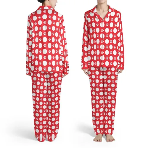 Dog Lover All-Over Red White Circular Polka Dot Dog Paw Pattern Design Satin Pajamas Set