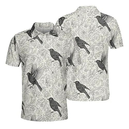 Blackbird Botanical Engraving Pattern: Fine Foliage & Berries Cream Sporty Design Men's Polo Shirt (Lightweight)