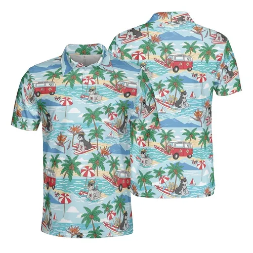 Schnauzer Dogs Tropical Beach Surf Van Umbrellas Palm Trees Sailboats Design Men's Polo Shirt (Lightweight)
