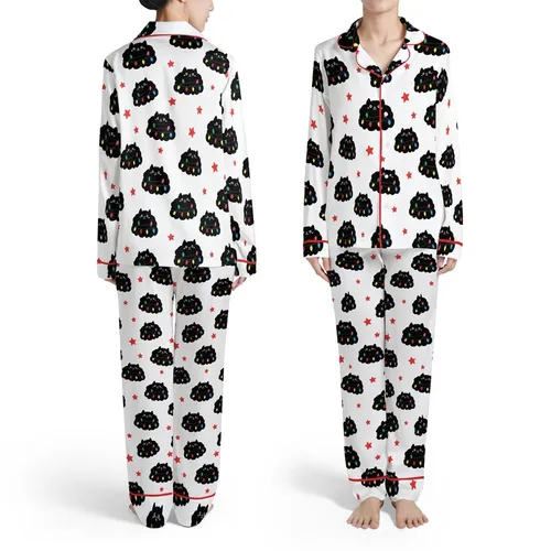 Family Long Sleeve Pajama Set: Whimsical Fluffy Black Cat Christmas Lights & Stars Pattern - Soft Polyester Spandex Sleepwear Satin Pajamas Set