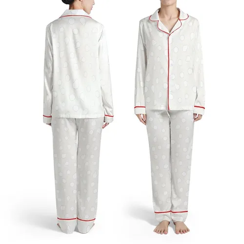 Various Sized Flat White Pearls Seamless Irregular Scatter Pattern Off-White Cream Base Satin Pajamas Set