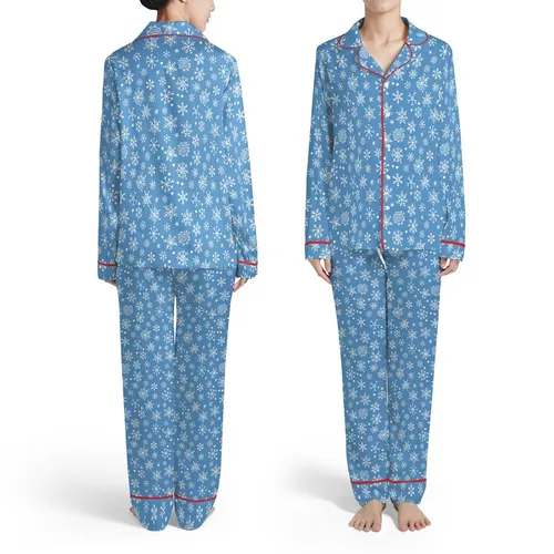 Family Holiday: Vibrant Blue Snowflake Pattern, White Winter Flakes - Polyester Spandex Sleep Set Satin Pajamas Set