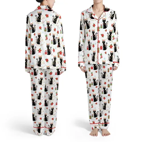 Matching Family Christmas Pajamas: Whimsical Black Cat, Poinsettia & Snowflake Design - Soft Poly Spandex Satin Pajamas Set