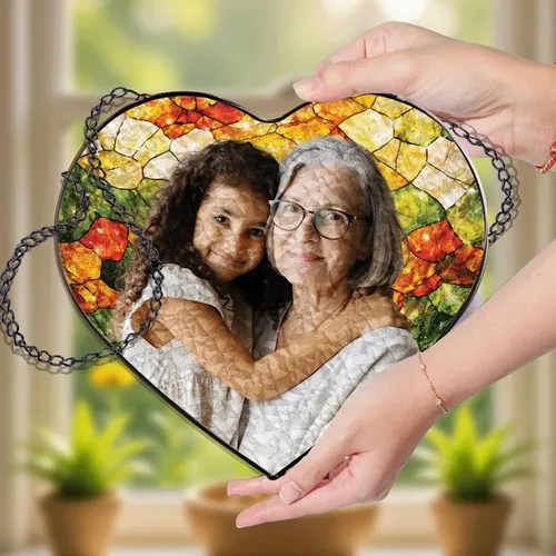 Personalized Grandma Grandpa Photo Stained Glass Suncatcher Mother's Day Gift