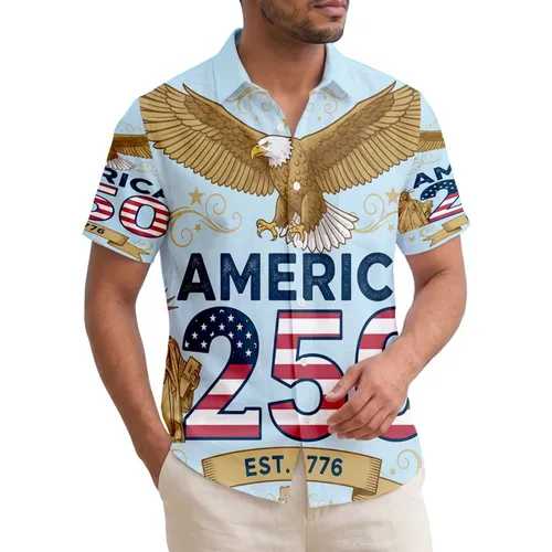 America 250th Birthday Eagle Statue of Liberty 1776 Patriotic Flag Scrollwork Short-sleeve Hawaiian Shirt