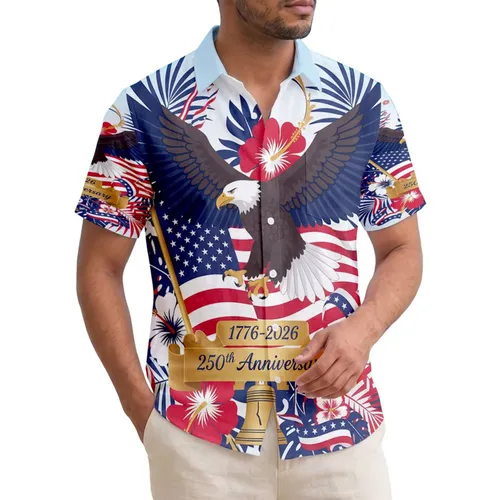 America 250th Bald Eagle Flag 1776-2026 Tropical Palm Hibiscus Patriotic Design Short-sleeve Hawaiian Shirt