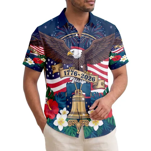 America 250th Eagle Liberty Bell 1776 Scroll Hawaiian Flag Tropical Fireworks Gold Short-sleeve Hawaiian Shirt