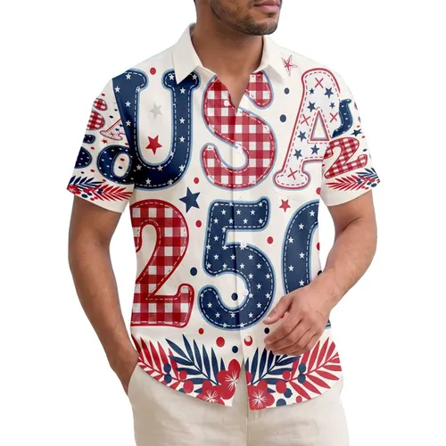 USA 250th Birthday Patchwork Appliqué Stars Hearts Gingham Wreath Patriotic Cream Short-sleeve Hawaiian Shirt