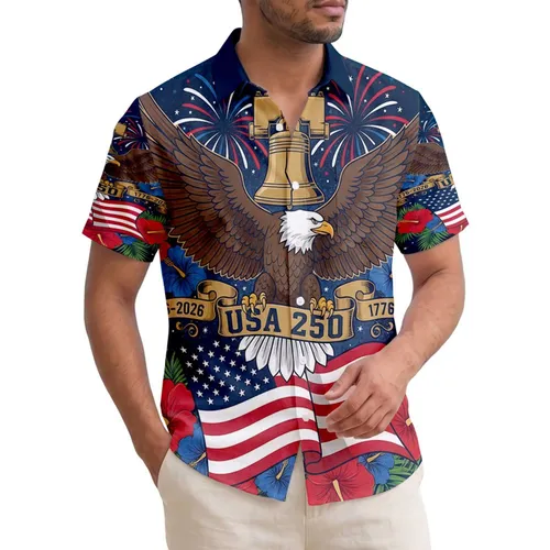Patriotic Hawaiian Eagle Flag USA 250th Anniversary Liberty Bell Tropical Celebration Short-sleeve Hawaiian Shirt