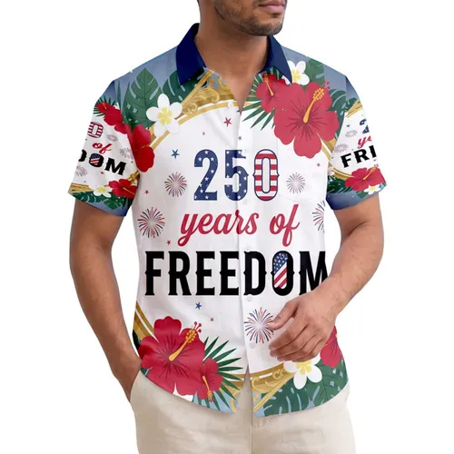 USA 250th Birthday Freedom Emblem: Tropical Hibiscus Palm Stars Short-sleeve Hawaiian Shirt