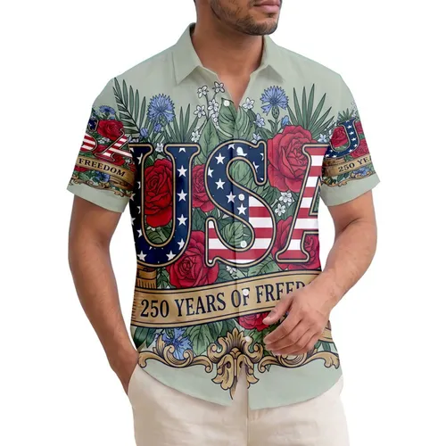 America 250th Anniversary Patriotic Tropical USA Typography Crimson Rose Gold Scrollwork Short-sleeve Hawaiian Shirt