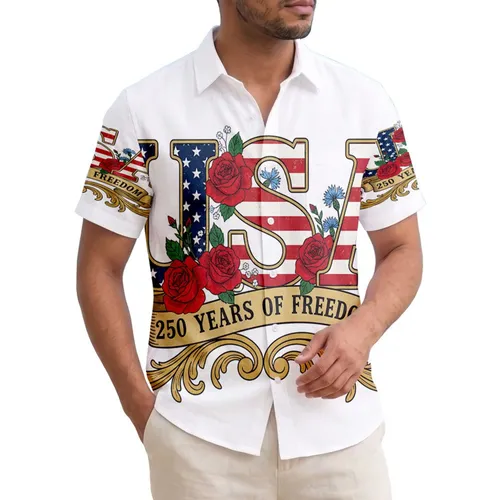 USA 250th Birthday Stars Stripes Letters Tropical Roses Gold Freedom Scroll Short-sleeve Hawaiian Shirt
