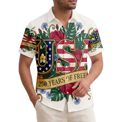 Patriotic USA 250th Anniversary Tropical Floral Gold Freedom Design Short-sleeve Hawaiian Shirt