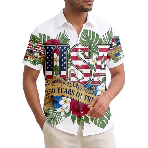 USA 250th Anniversary Freedom Banner Stars Stripes Crimson Rose Tropical Illustration Short-sleeve Hawaiian Shirt