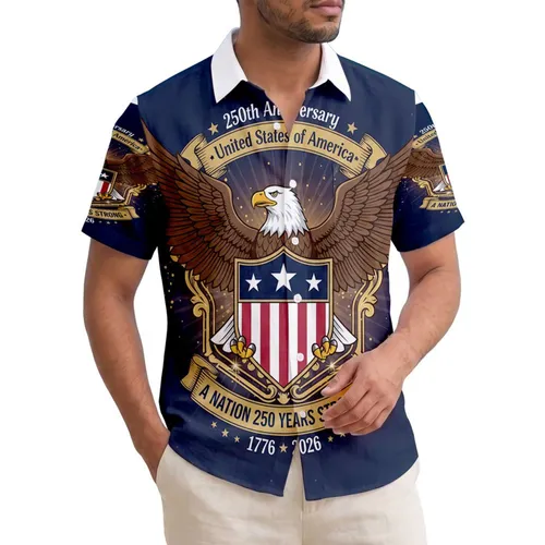 USA 250th Anniversary Bald Eagle Shield 1776-2026 Navy Red White Gold Short-sleeve Hawaiian Shirt