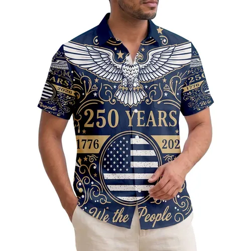 America 250th Anniversary: Patriotic Hawaiian Eagle Flag Emblem, 1776 Scrollwork Short-sleeve Hawaiian Shirt
