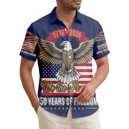 America 250th Anniversary: Distressed Bald Eagle, 1776 Flag, We the People Graphic Short-sleeve Hawaiian Shirt