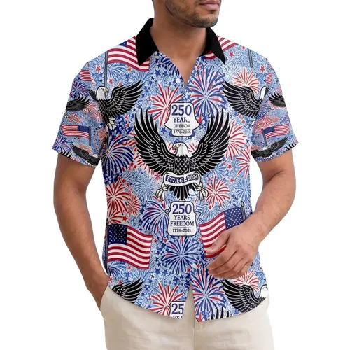 America 250th Anniversary Patriotic Hawaiian Eagle Flag Fireworks Black Crimson White Navy Short-sleeve Hawaiian Shirt