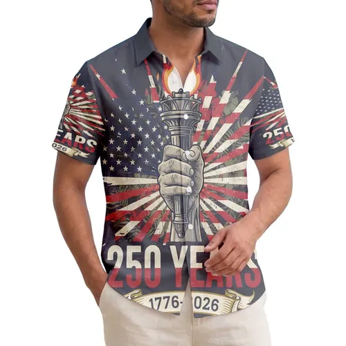 America's 250th Anniversary: Patriotic Liberty Torch Hand Emblem, Est. 1776-2026 Short-sleeve Hawaiian Shirt