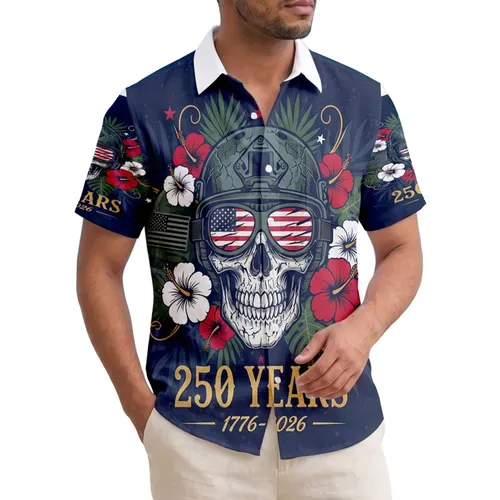 America 250th Anniversary: Grim Skull, Tactical Helmet, Flag Goggles, Tropical 1776-2026 Short-sleeve Hawaiian Shirt