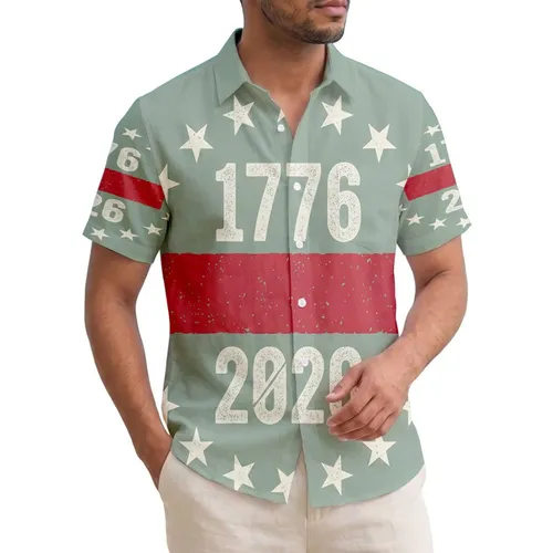 USA 250th Anniversary: 1776-2026 Distressed Text 13 Stars Crimson Stripe Sage Short-sleeve Hawaiian Shirt