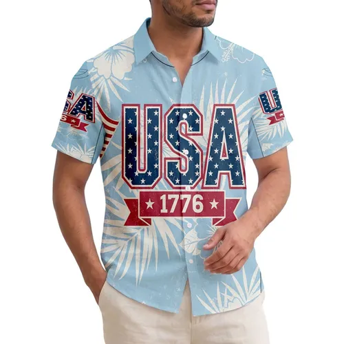 USA 250th Anniversary Tropical Star-Spangled USA 1776 Crimson Flag Design Short-sleeve Hawaiian Shirt