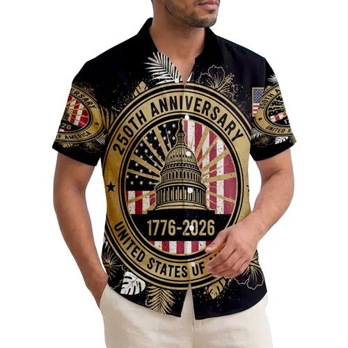 America 250th Anniversary Distressed Emblem, Capitol Dome, Tropical Palm & Hibiscus Short-sleeve Hawaiian Shirt