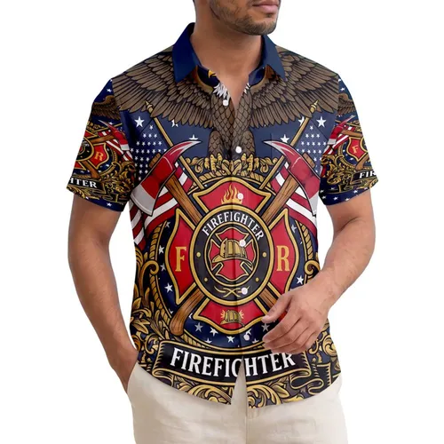 Firefighter Patriot: USA 250th Birthday Eagle Maltese Cross Flag Laurel Wreath Design Short-sleeve Hawaiian Shirt