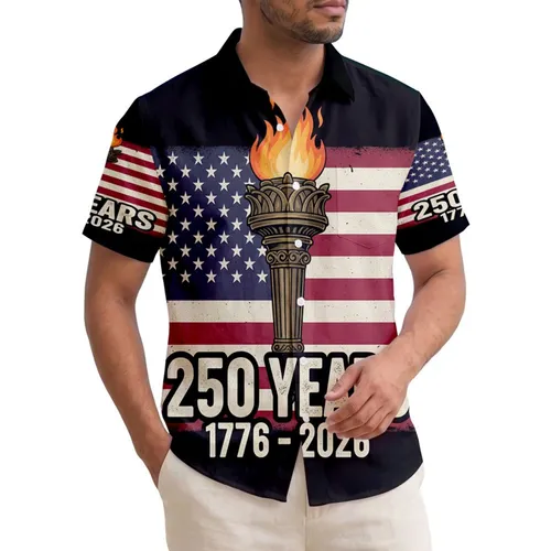 America 250th Birthday Distressed Flag Torch of Liberty 1776-2026 Commemoration Short-sleeve Hawaiian Shirt