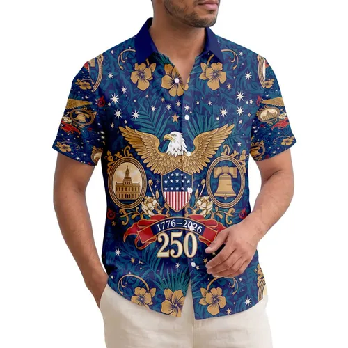 Patriotic USA 250th Birthday Eagle Shield Colonial Bell Gold Scroll Print Short-sleeve Hawaiian Shirt