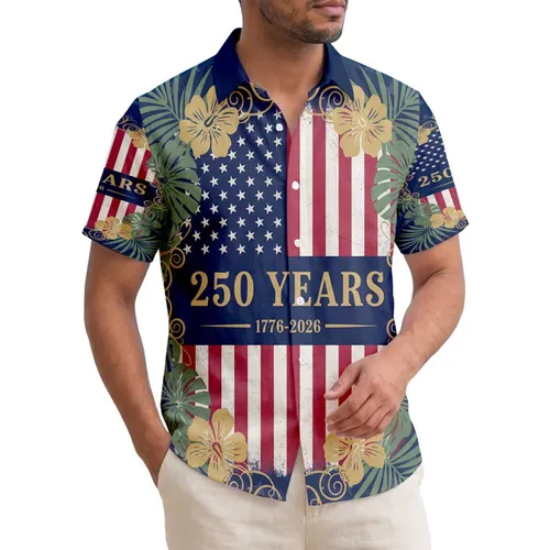 USA 250th Birthday Distressed Flag Tropical Palm Gold Scrollwork Stars Short-sleeve Hawaiian Shirt