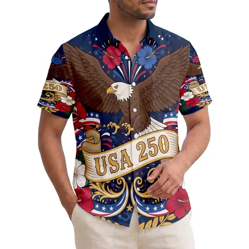 America 250th Semiquincentennial: Soaring Eagle, Hibiscus, Stars & Stripes Design Short-sleeve Hawaiian Shirt