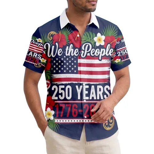 America 250th Anniversary: We the People Flag Tropical Hibiscus Plumeria 1776-2026 Short-sleeve Hawaiian Shirt