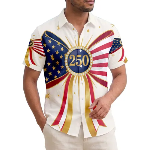 America 250th Anniversary Patriotic Hawaiian Bow Gold Stars Crimson Stripes 250 Emblem Short-sleeve Hawaiian Shirt