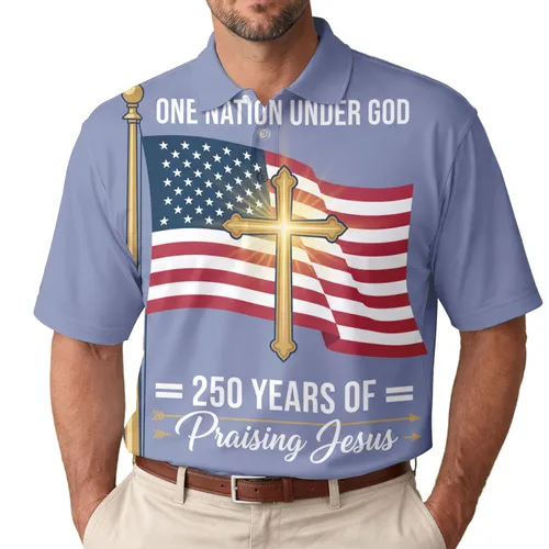Christian Patriot America 250th Anniversary Waving Flag Golden Cross ONE NATION UNDER GOD Men's Polo Shirt (Lightweight)