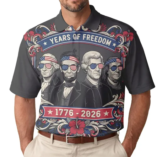 America 250th Birthday Celebration 1776-2026 Historical Figures Patriotic Tropical Illustration Men's Polo Shirt (Lightweight)