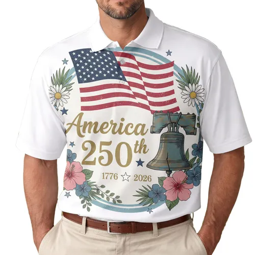 America 250th Patriotic Polo Flag Liberty Bell 1776 Floral Motif Men's Polo Shirt (Lightweight)