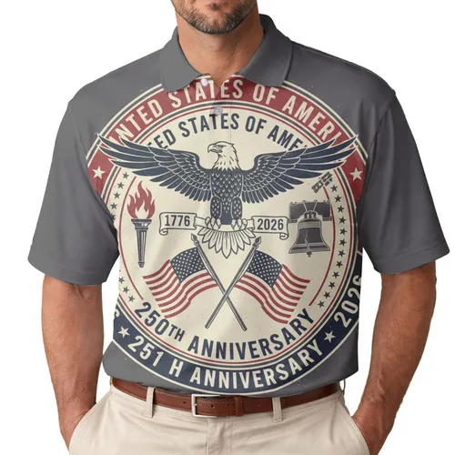 America 250th Patriotic Emblem: Eagle, Crossed Flags, Torch, Liberty Bell 1776-2026 Men's Polo Shirt (Lightweight)