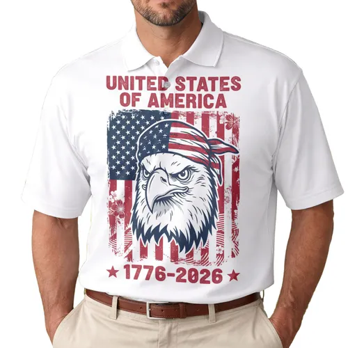 USA 250th Anniversary: Bald Eagle, Stars & Stripes Bandana, Distressed Flag 1776-2026 Men's Polo Shirt (Lightweight)