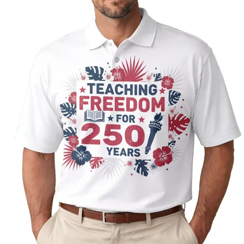 America 250th Anniversary Freedom: Teaching Freedom, Book & Torch, Polo Patriotic Motif Men's Polo Shirt (Lightweight)